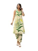 Women's Pure Cotton Sleeveless Regular Kurta with Pant (Green-Leaf-p)
